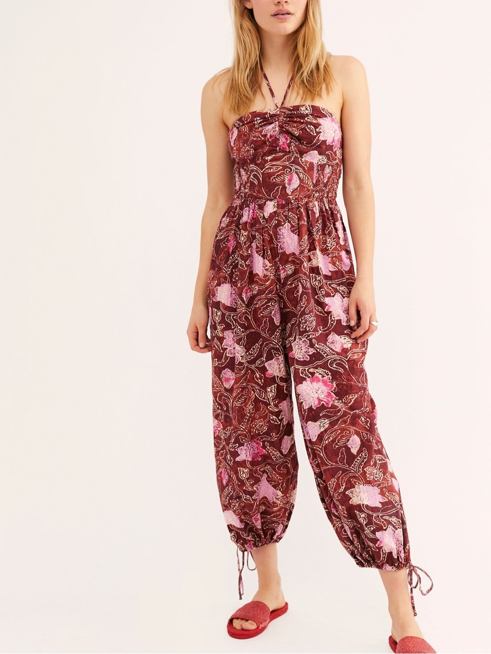 Free People Iris Jumpsuit in Burgundy and Pink